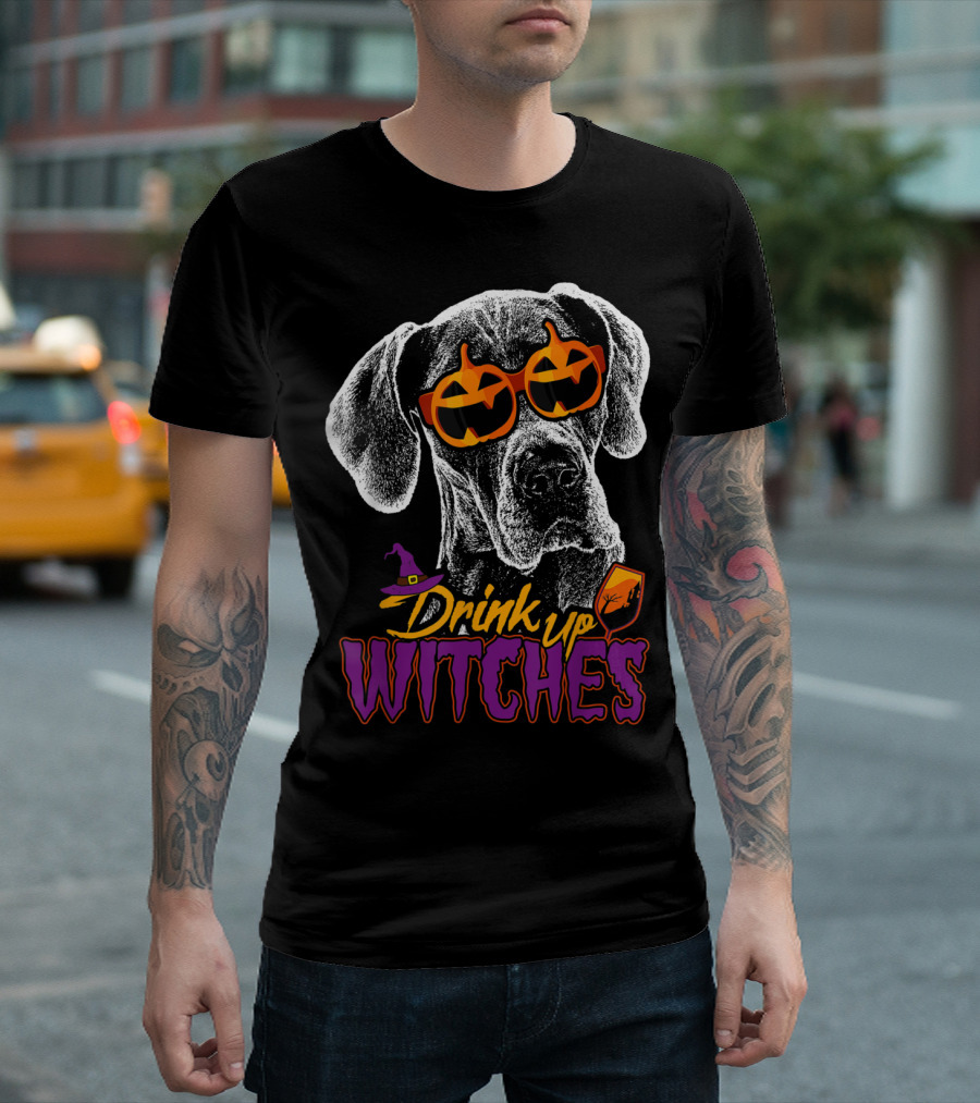 Drink Up Witches Great Dane Halloween Pumpkin Sunglasses T-Shirt