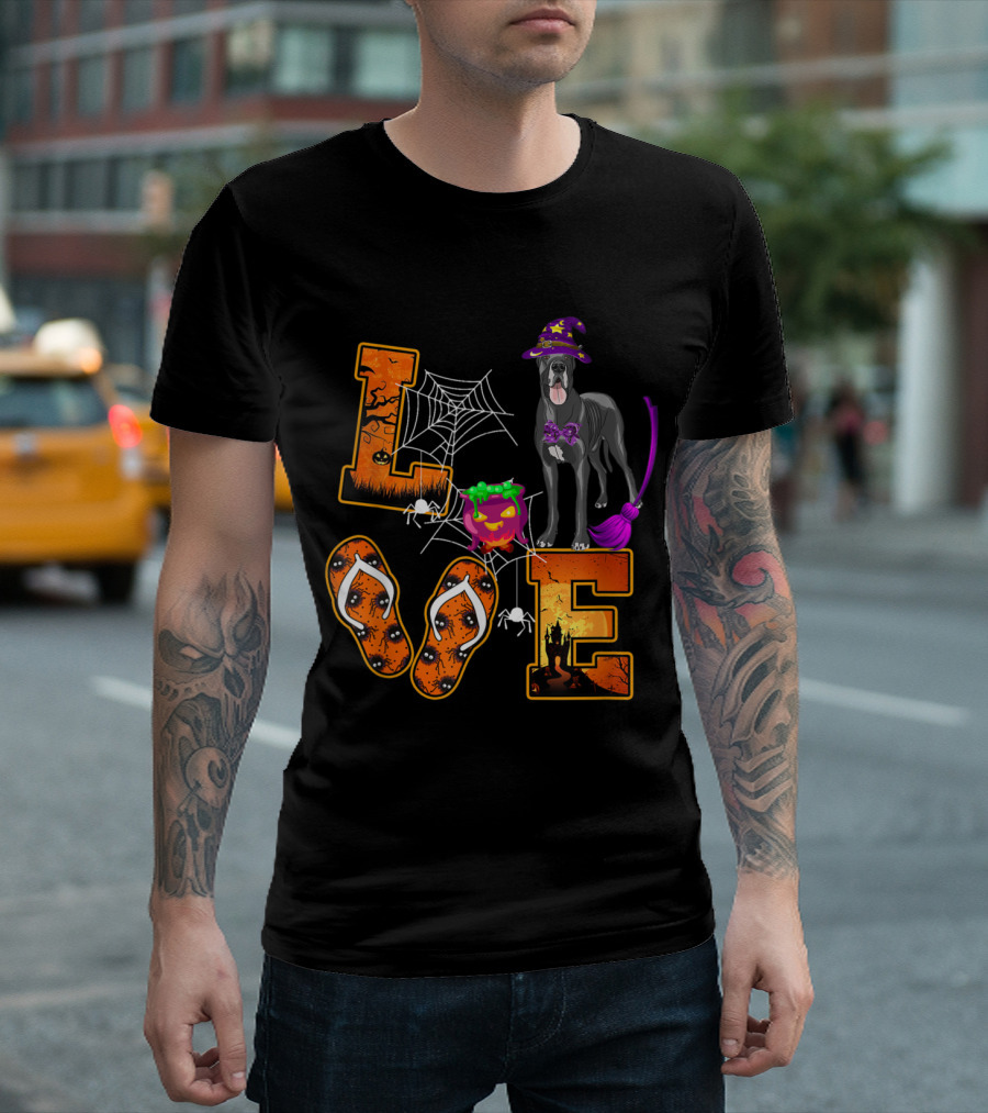 Great Dane Love Halloween Boo Dog Witch Hat Spider Web Potion T-Shirt