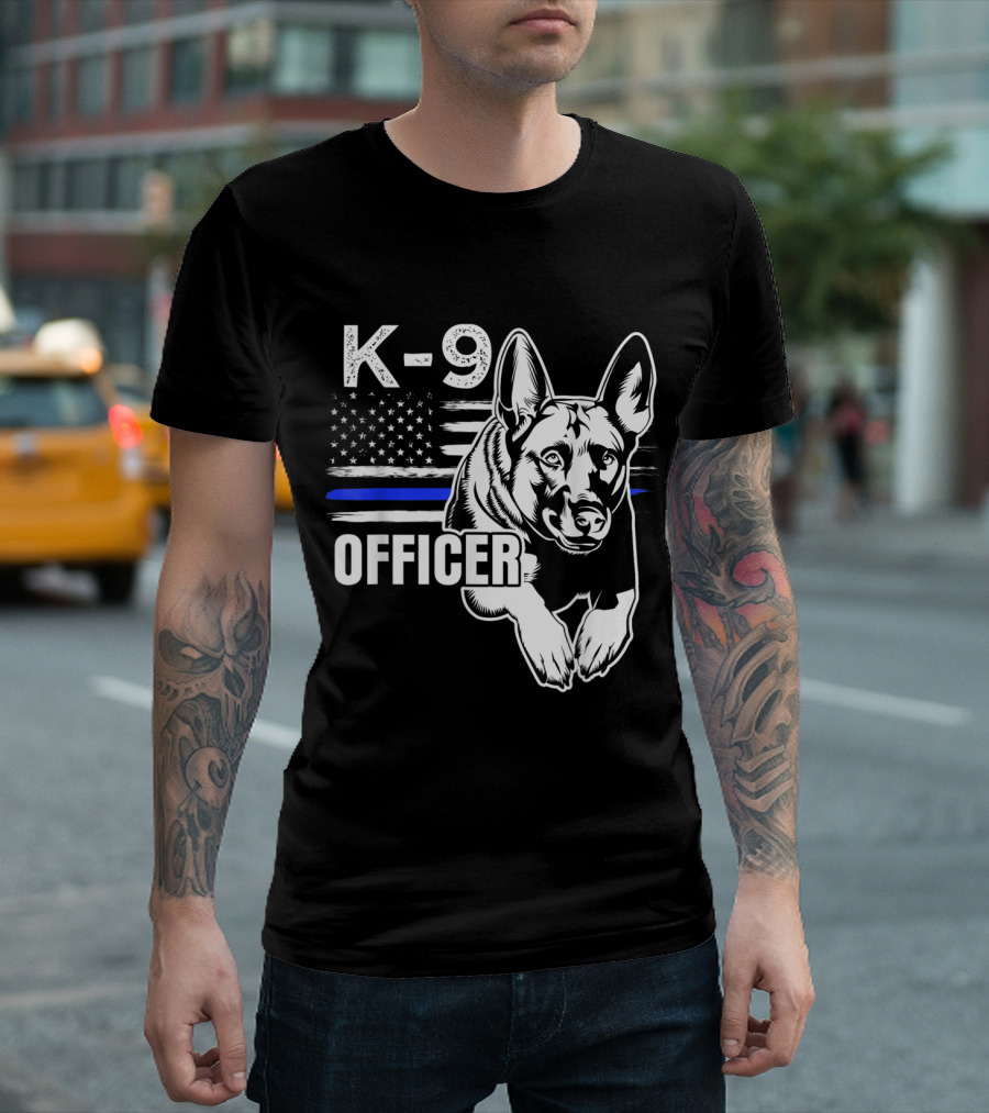 K-9 Officer German Shepherd Thin Blue Line American Flag T-Shirt
