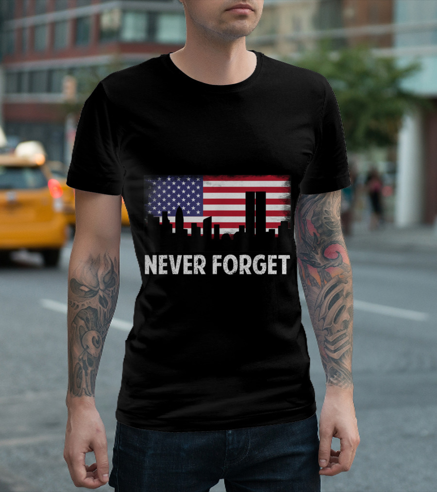 Never Forget 911 American Flag Twin Towers Skyline Patriotic Vintage T-Shirt