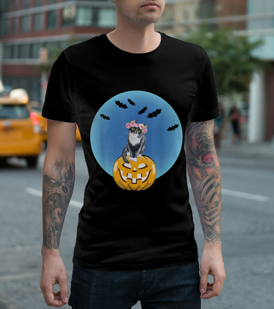 Halloween Black Cat Pumpkin Bats Costume For Girls Kids Womens T-Shirt