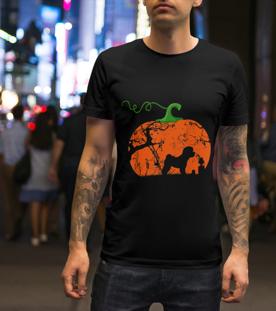 Bichon Frise Silhouette In Halloween Pumpkin Scene T-Shirt