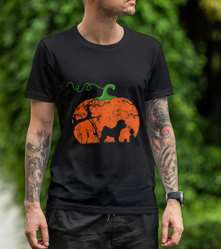 Bichon Frise Silhouette In Halloween Pumpkin Scene T-Shirt