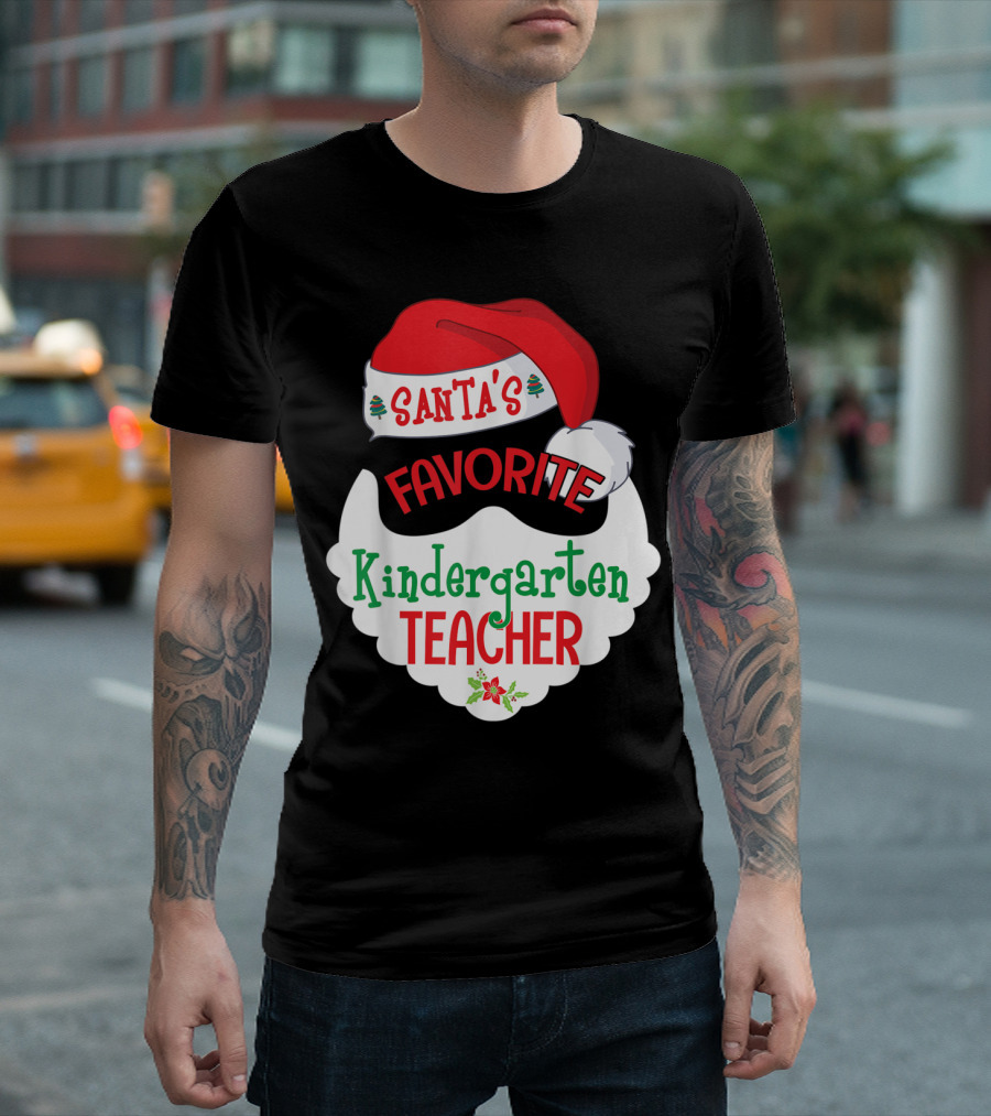 Santa's Favorite Kindergarten Teacher Cute Santa Claus Face T-Shirt