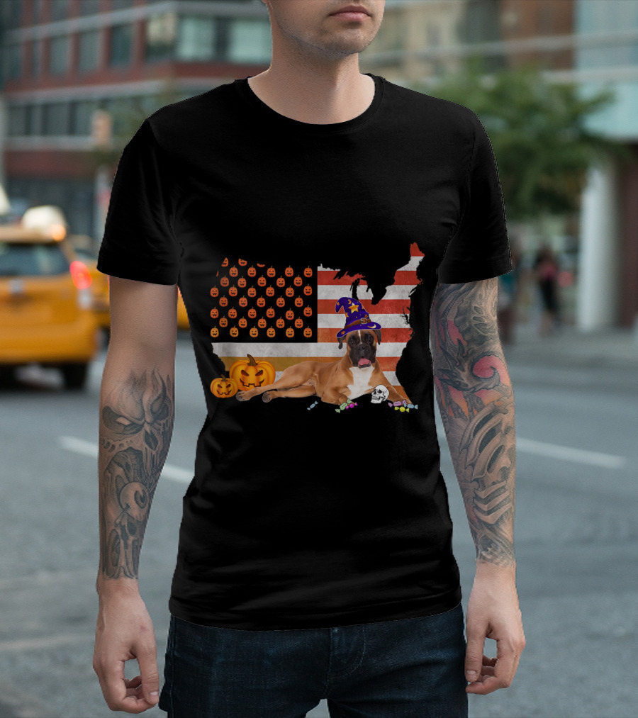 Boxer Dog Wearing Witch Hat with Halloween Pumpkins on USA Flag Map T-Shirt