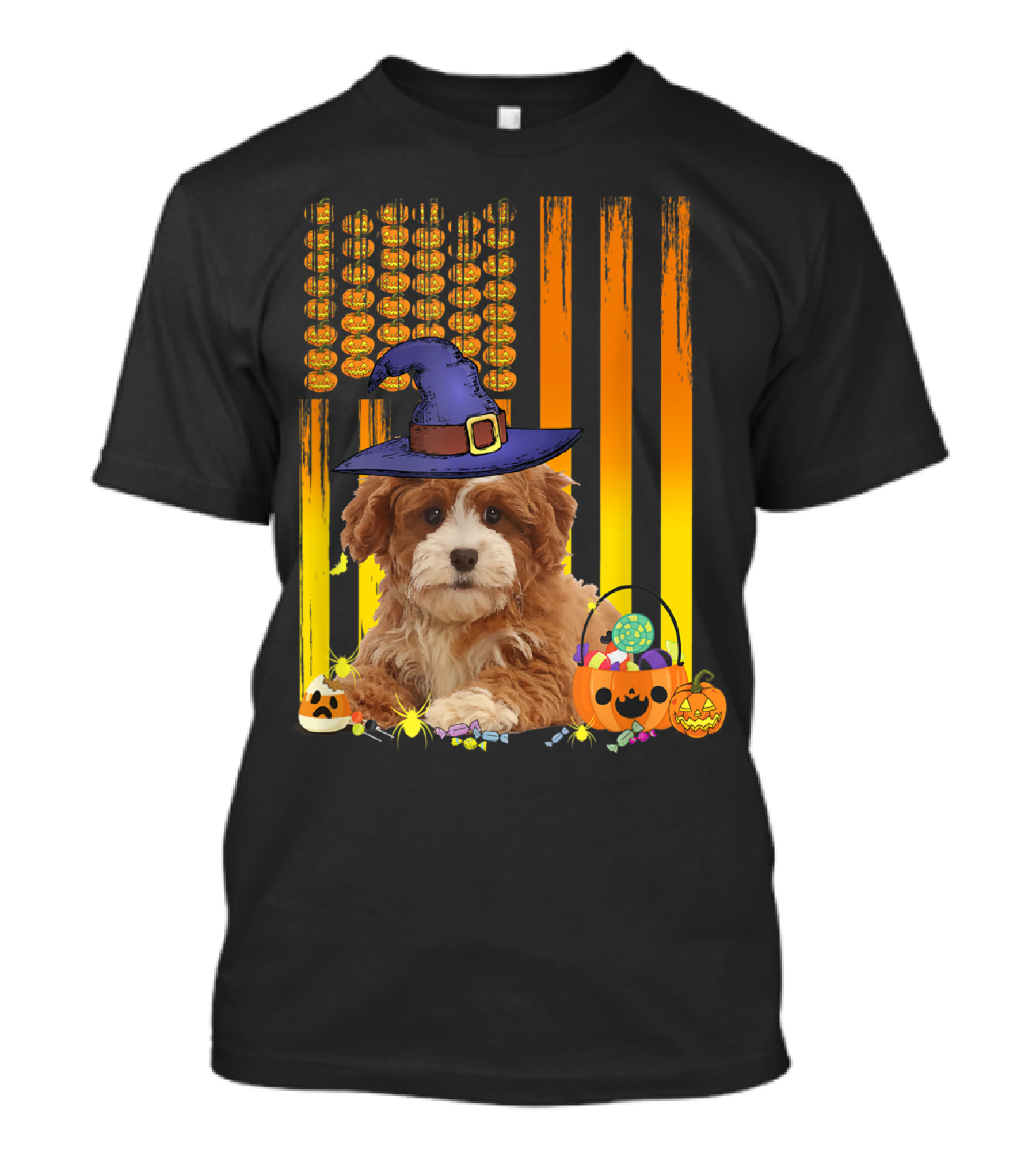 Cavapoo Dog In Witch Hat With Halloween Pumpkins And American Flag T-Shirt