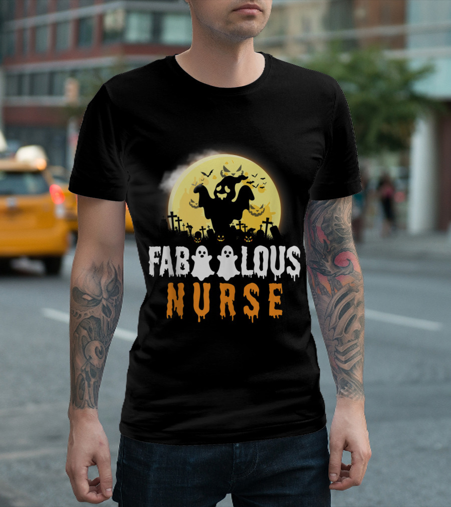 Faboolous Nurse RN Funny Halloween Ghosts and Gravestones Moon Scene T-Shirt