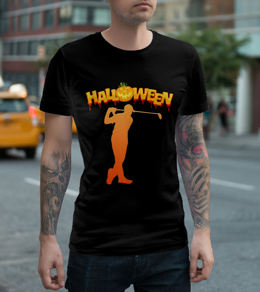 Halloween Pumpkin Golfer Silhouette Funny Sports Golfing T-Shirt