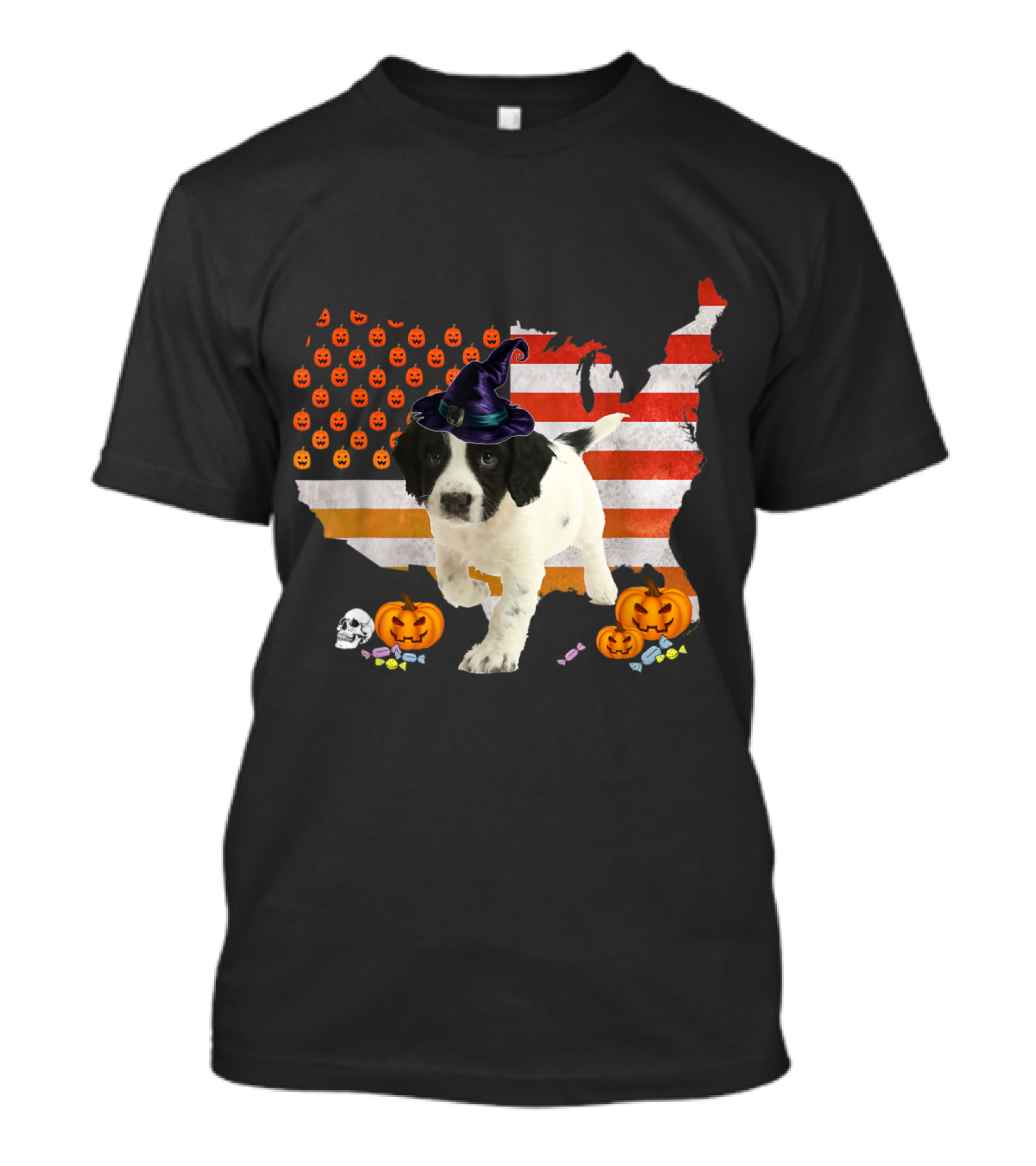 Sprollie Dog In Witch Hat Halloween USA Flag With Pumpkins And Candy T-Shirt