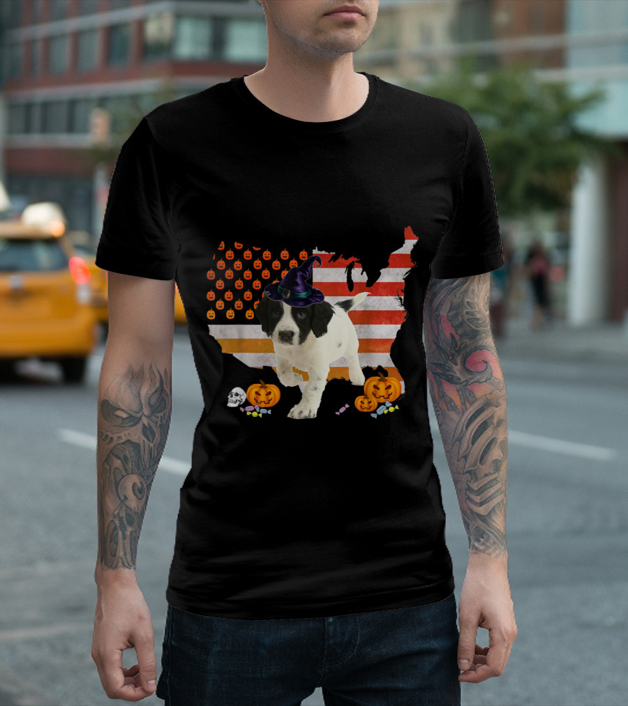 Sprollie Dog In Witch Hat Halloween USA Flag With Pumpkins And Candy T-Shirt