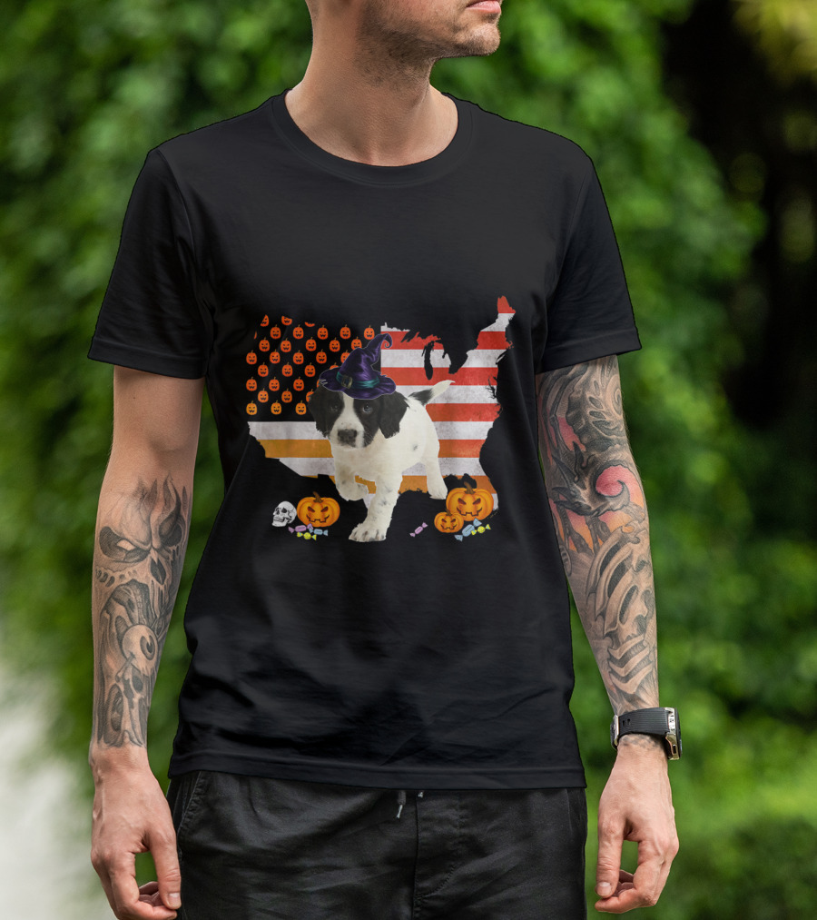 Sprollie Dog In Witch Hat Halloween USA Flag With Pumpkins And Candy T-Shirt