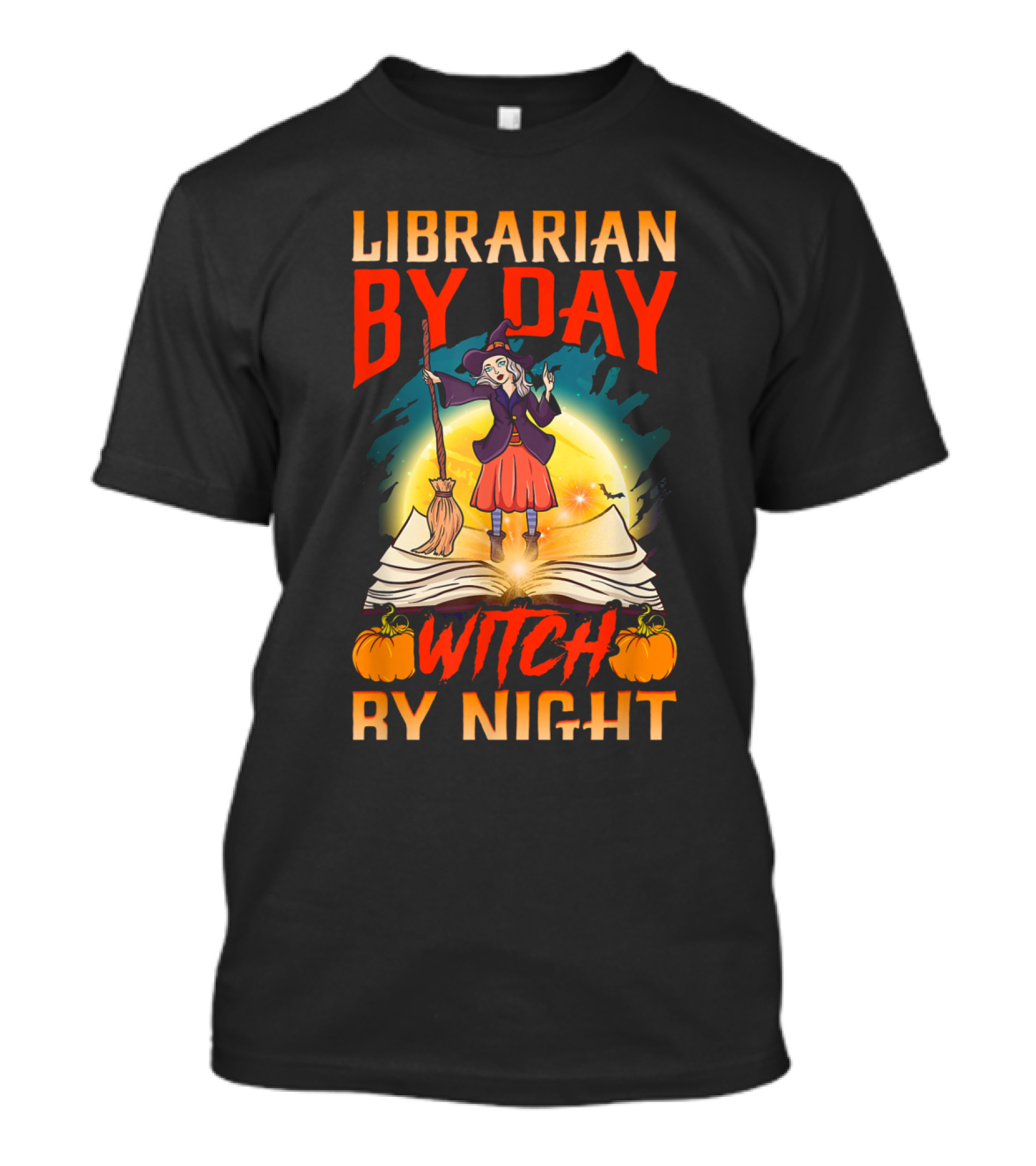 Librarian By Day Witch By Night Halloween Theme With Witch On Open Book And Pumpkins T-Shirt