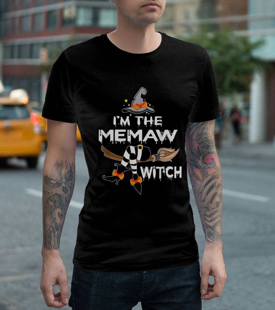 I'm the MeMaw Witch Black Hat Broomstick Striped Stockings Bow Stars T-Shirt