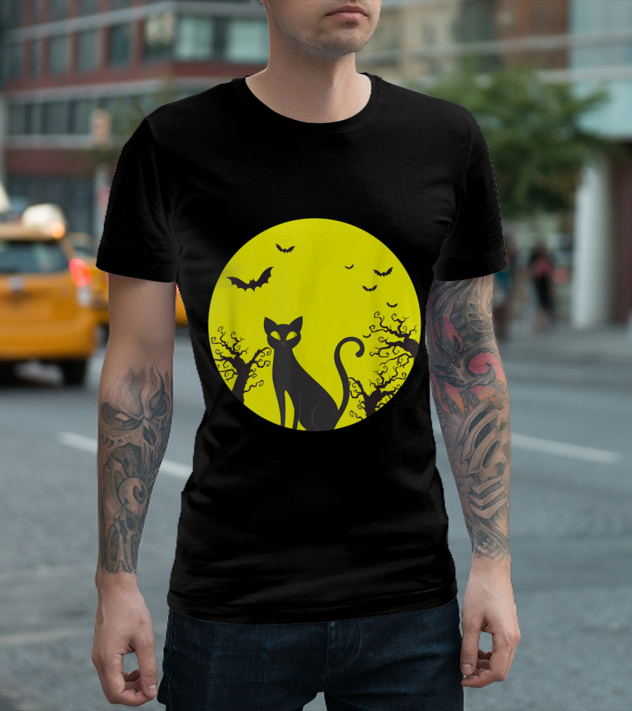 Halloween Cat Lover Moonlit Silhouette with Bats T-Shirt