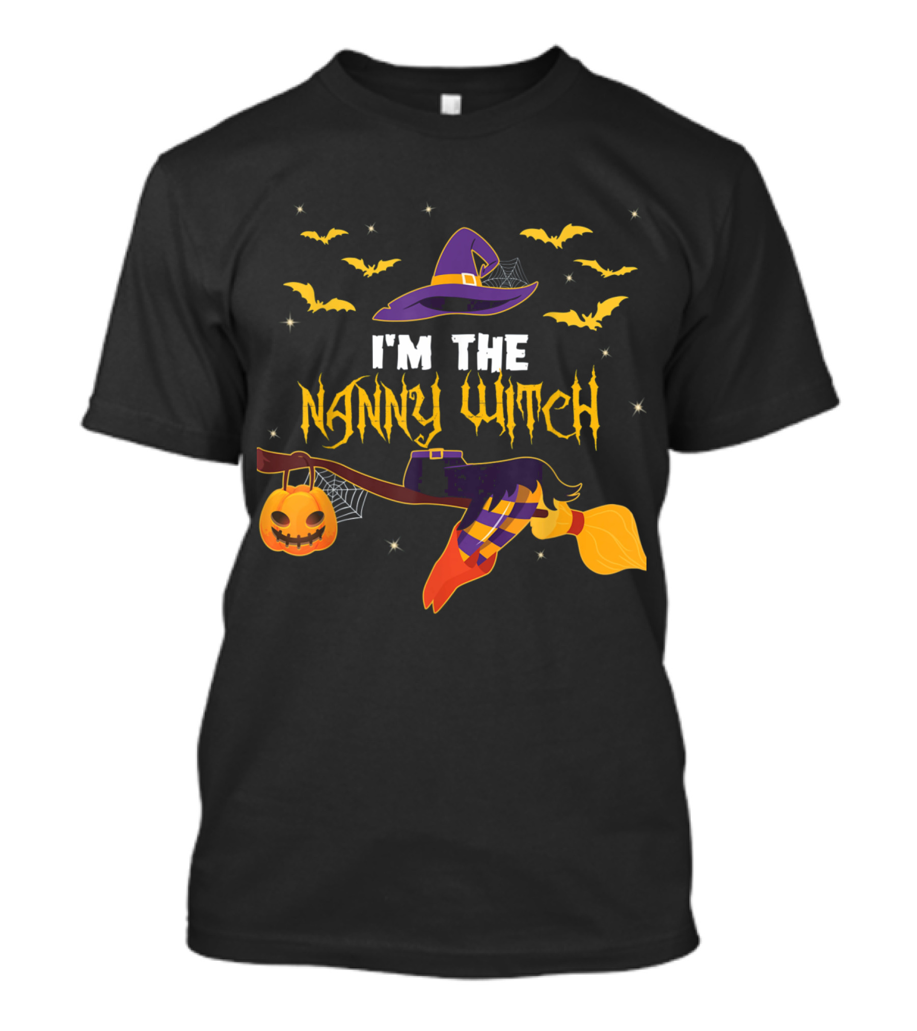 I'm The Nanny Witch Halloween Pumpkin Broom Hat And Bats T-Shirt