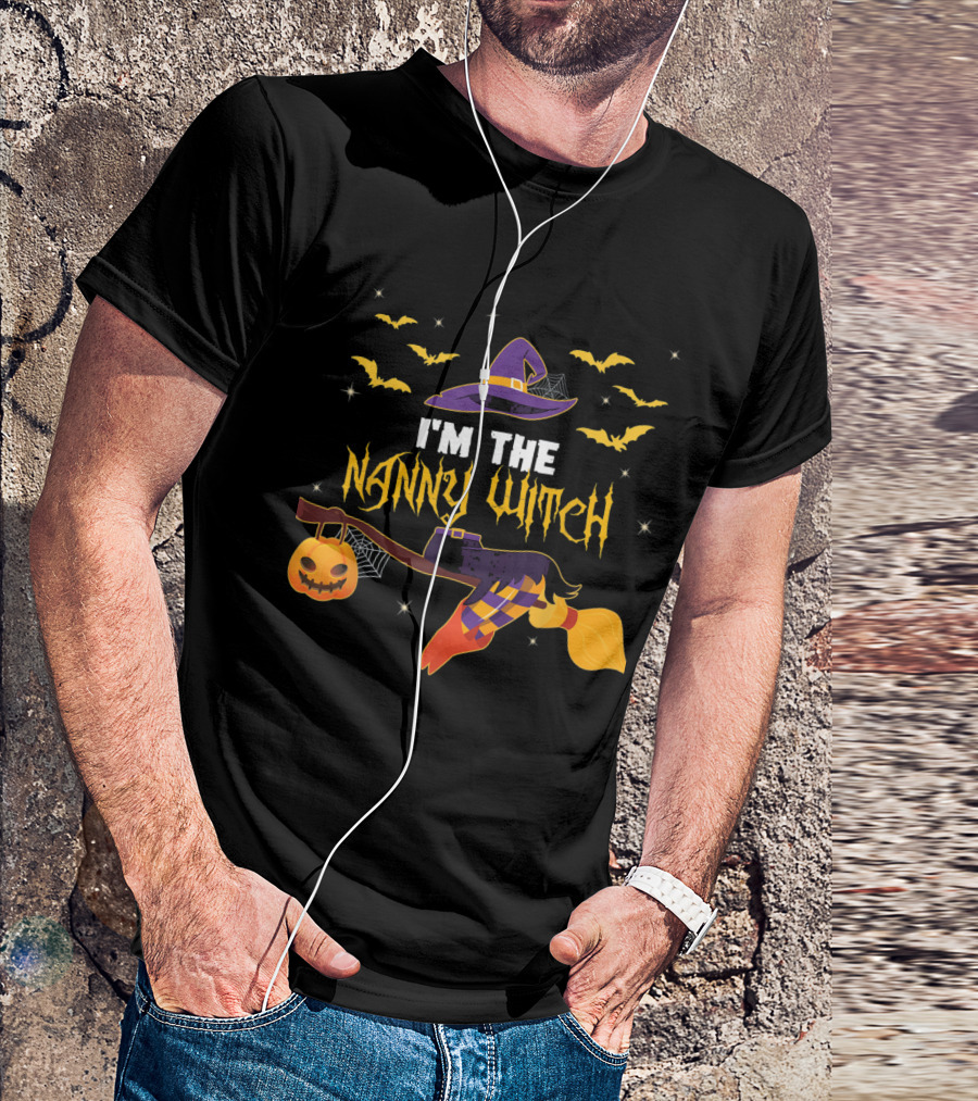 I'm The Nanny Witch Halloween Pumpkin Broom Hat And Bats T-Shirt