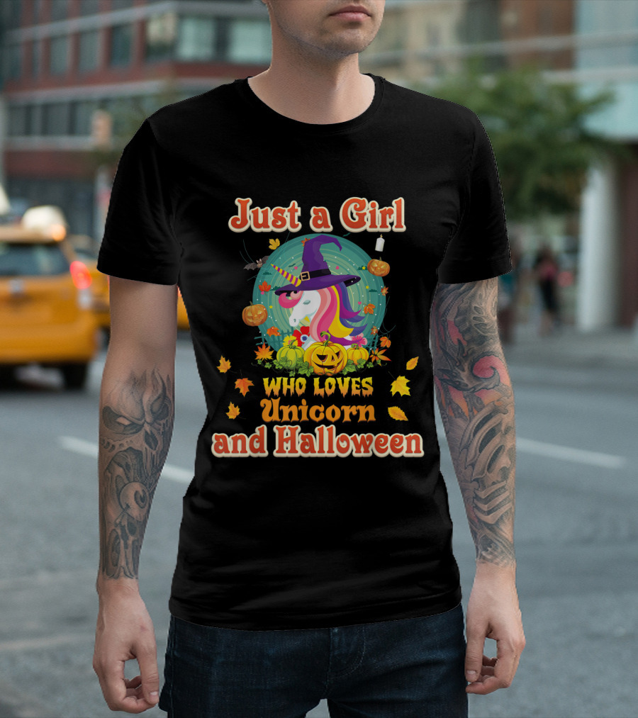 Just A Girl Who Loves Unicorn and Halloween Witch Pumpkin T-Shirt