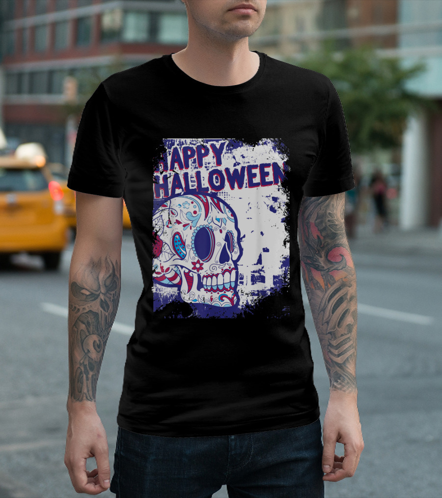 Happy Halloween Mens Vintage Scary Skull Funny Skeleton T-Shirt