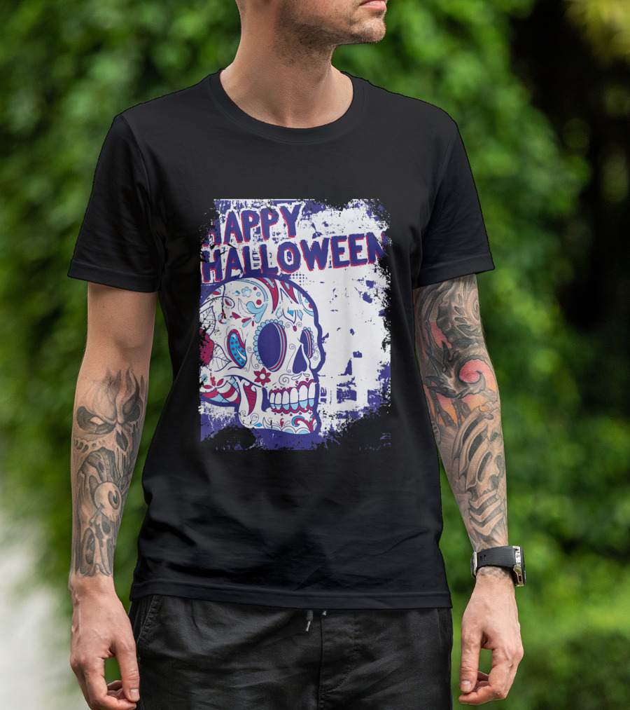 Happy Halloween Mens Vintage Scary Skull Funny Skeleton T-Shirt