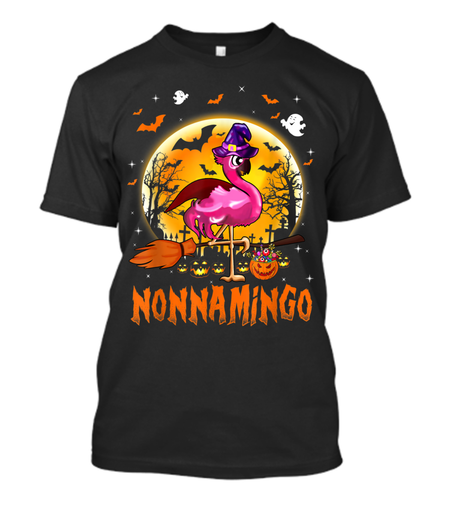 NONNAMINGO Flamingo Halloween Ghost Moon Bats T-Shirt