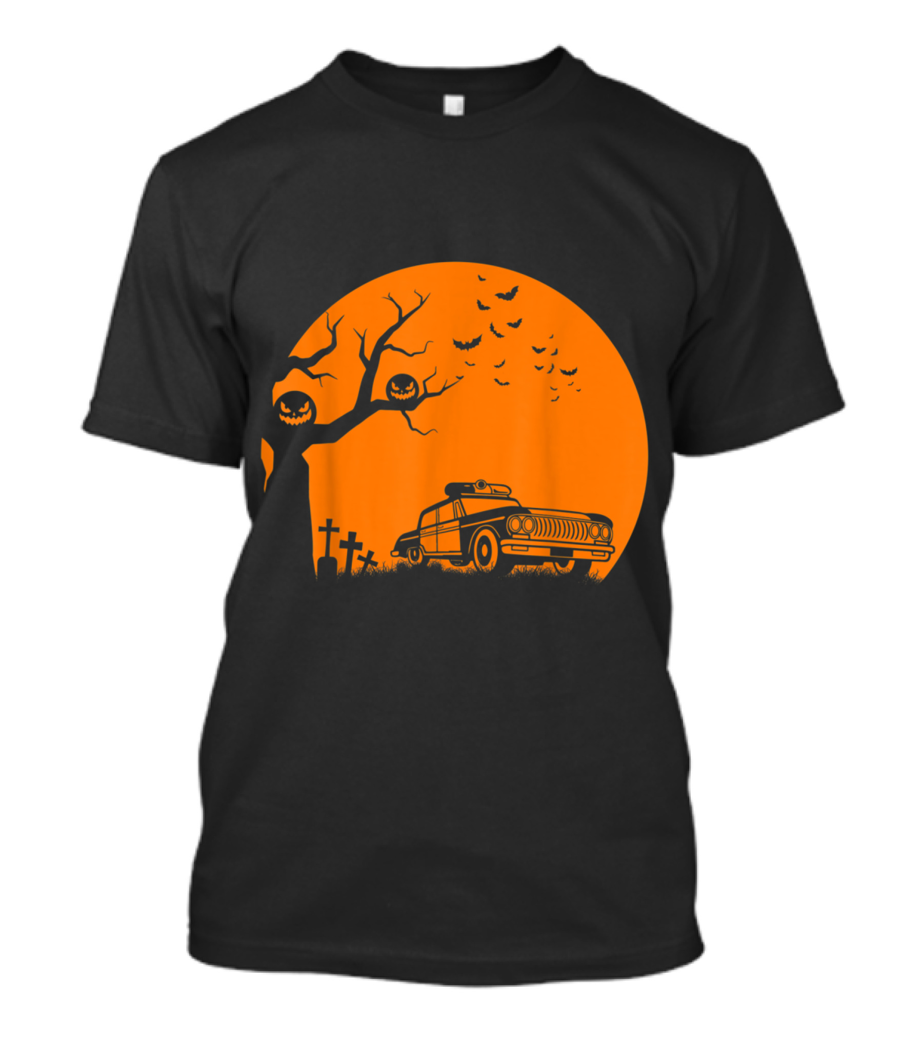 Patrol Officer Spooky Halloween Creepy Police Car Haunted Graveyard Scene T-Shirt
