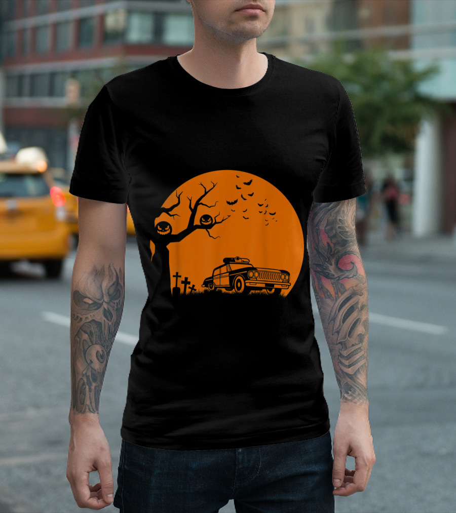 Patrol Officer Spooky Halloween Creepy Police Car Haunted Graveyard Scene T-Shirt