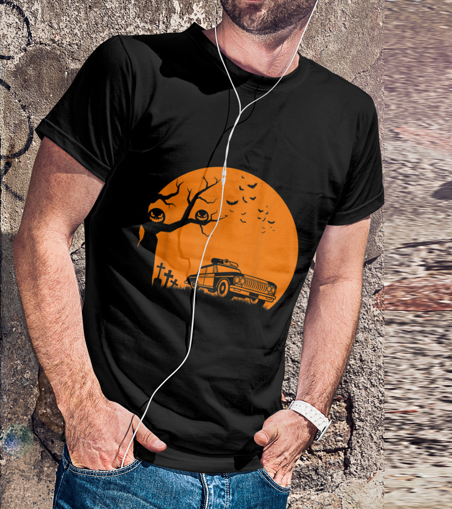 Patrol Officer Spooky Halloween Creepy Police Car Haunted Graveyard Scene T-Shirt