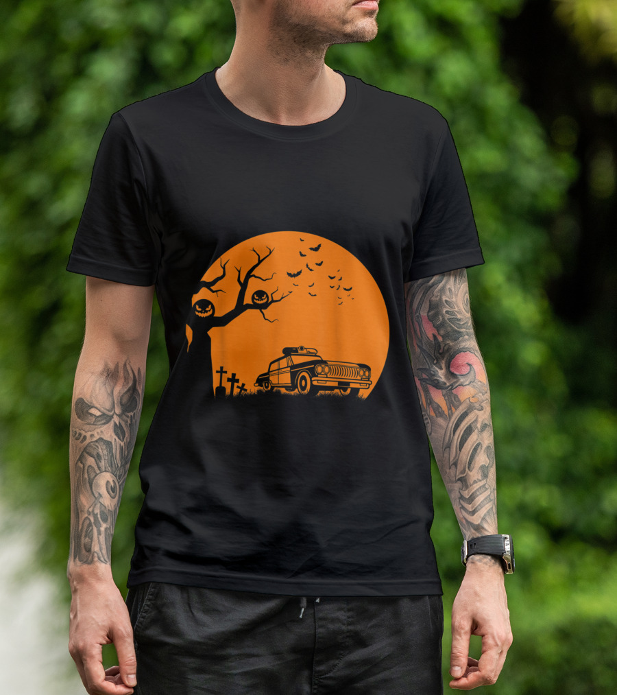 Patrol Officer Spooky Halloween Creepy Police Car Haunted Graveyard Scene T-Shirt