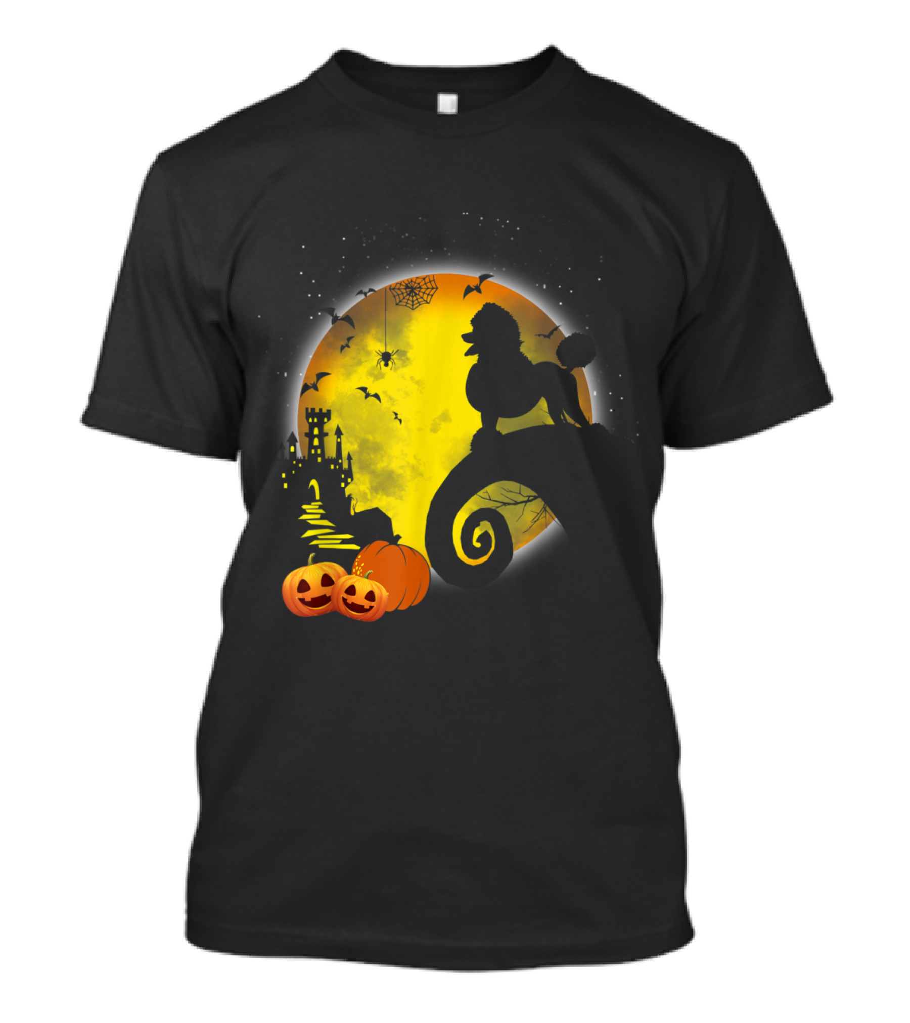Poodle Dog Silhouette With Jack-O’-Lanterns And Full Moon Halloween Scene For Dog Lovers T-Shirt