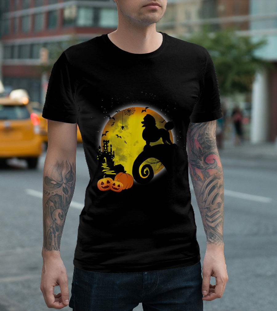 Poodle Dog Silhouette With Jack-O’-Lanterns And Full Moon Halloween Scene For Dog Lovers T-Shirt
