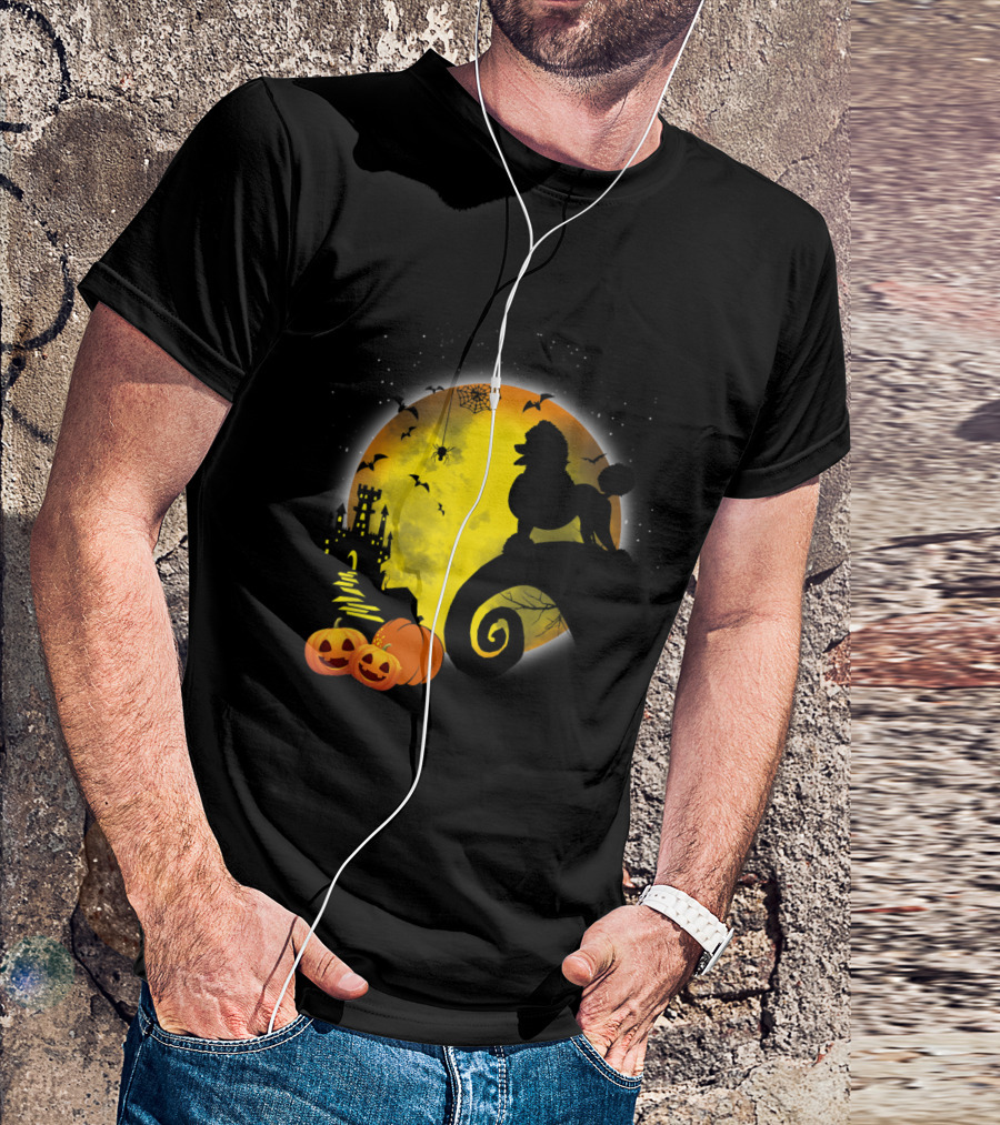 Poodle Dog Silhouette With Jack-O’-Lanterns And Full Moon Halloween Scene For Dog Lovers T-Shirt