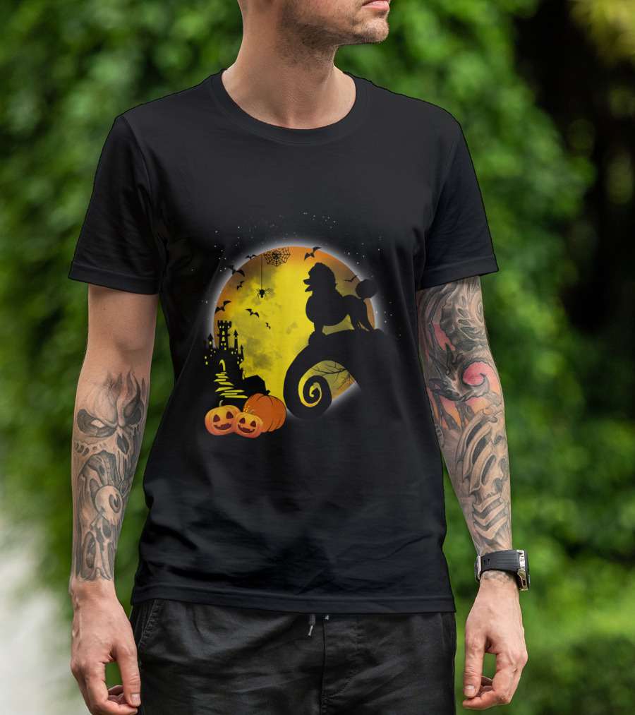 Poodle Dog Silhouette With Jack-O’-Lanterns And Full Moon Halloween Scene For Dog Lovers T-Shirt