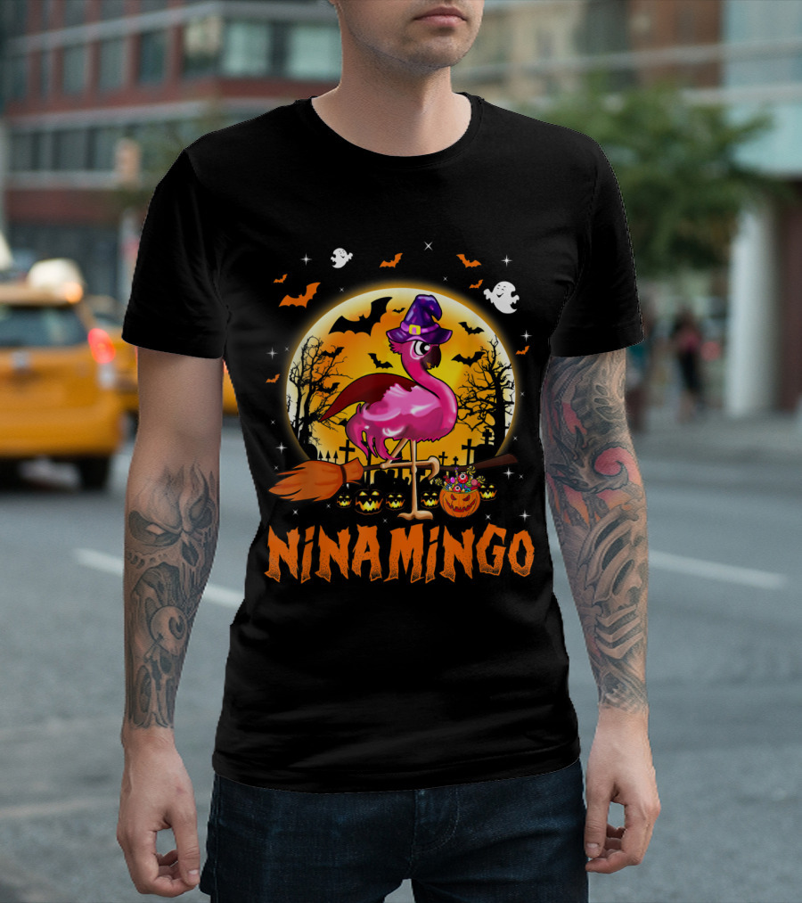Ninamingo Flamingo Halloween Witch Broomstick Ghosts Bats Pumpkin Moon T-Shirt