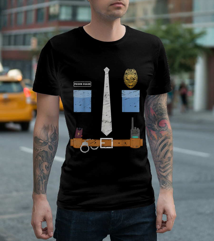 Prison Guard Halloween Costume Tie and Badge with Handcuffs and Radio T-Shirt