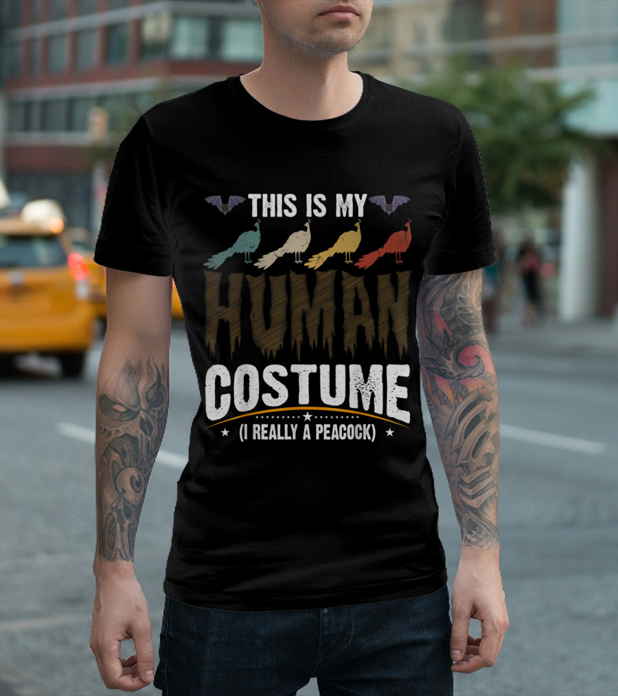 This Is My Human Costume I'm Really a Peacock Vintage Bats and Peacocks T-Shirt