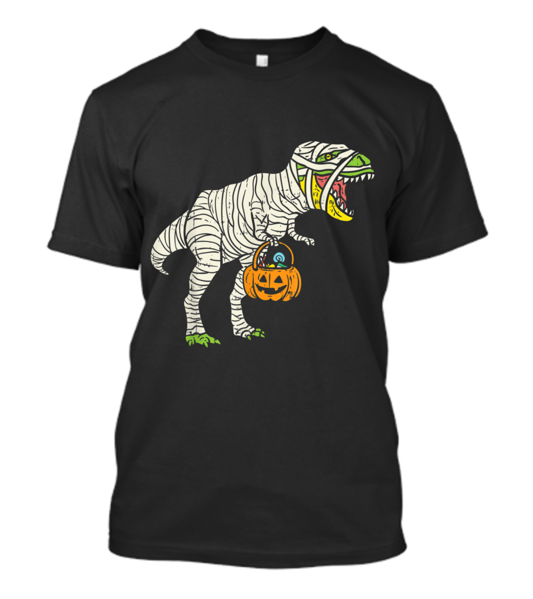 T Rex Mummy Holding Pumpkin For Trick Or Treat Halloween Dino T-Shirt