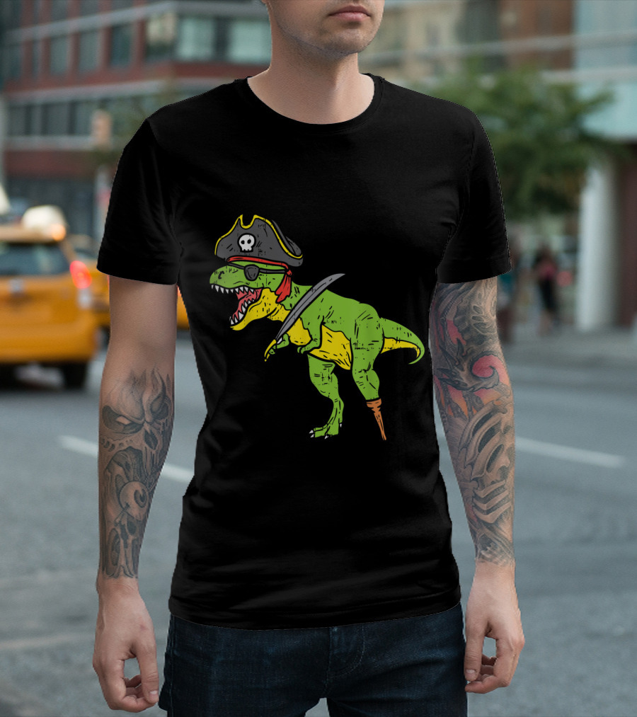 T Rex Dinosaur Dressed As Pirate With Sword And Peg Leg For Funny Halloween T-Shirt