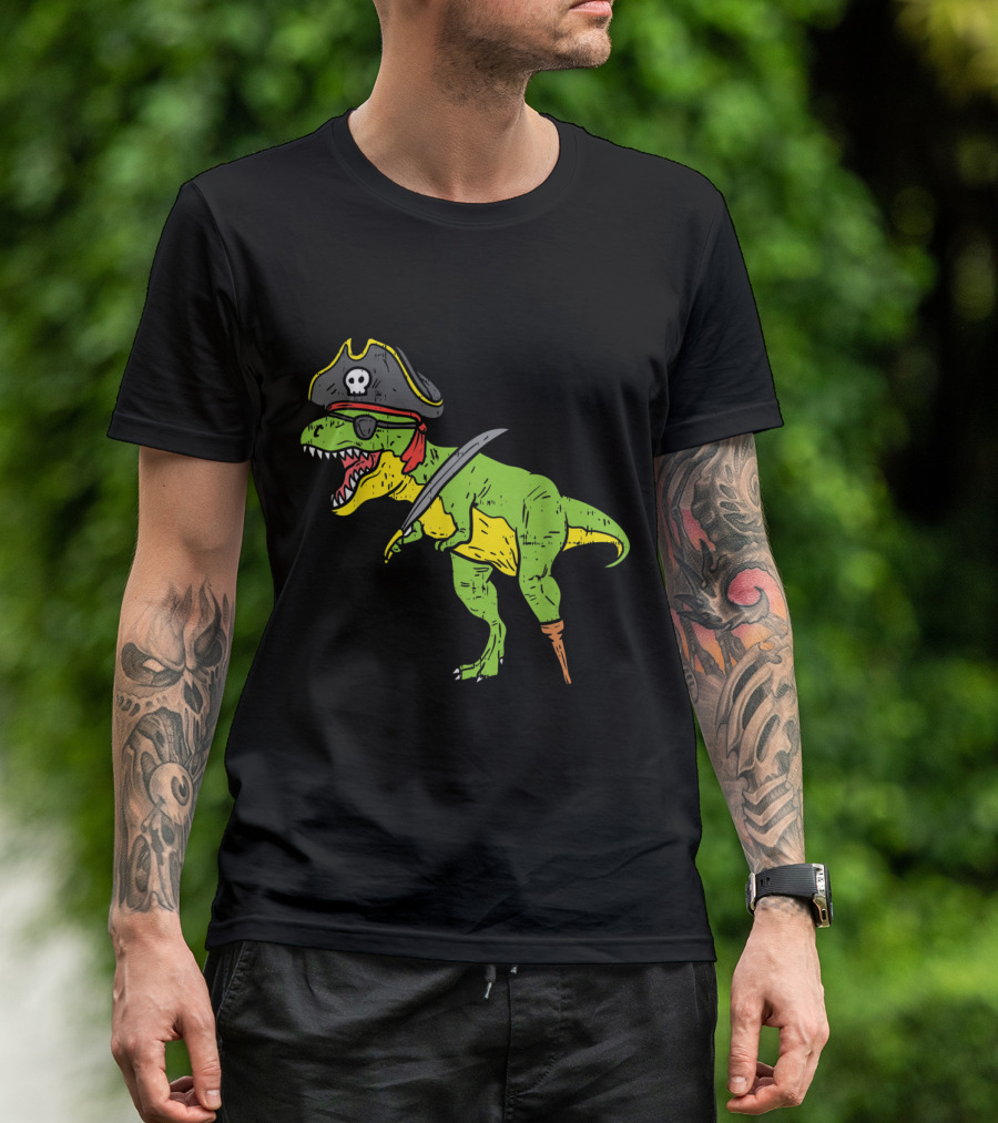 T Rex Dinosaur Dressed As Pirate With Sword And Peg Leg For Funny Halloween T-Shirt