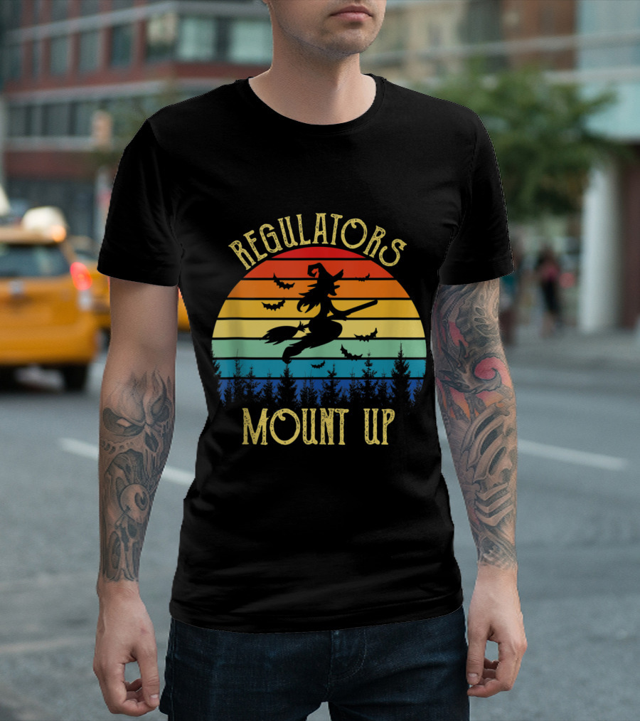 Regulators Mount Up Vintage Funny Halloween Witch Sunset Bats T-Shirt
