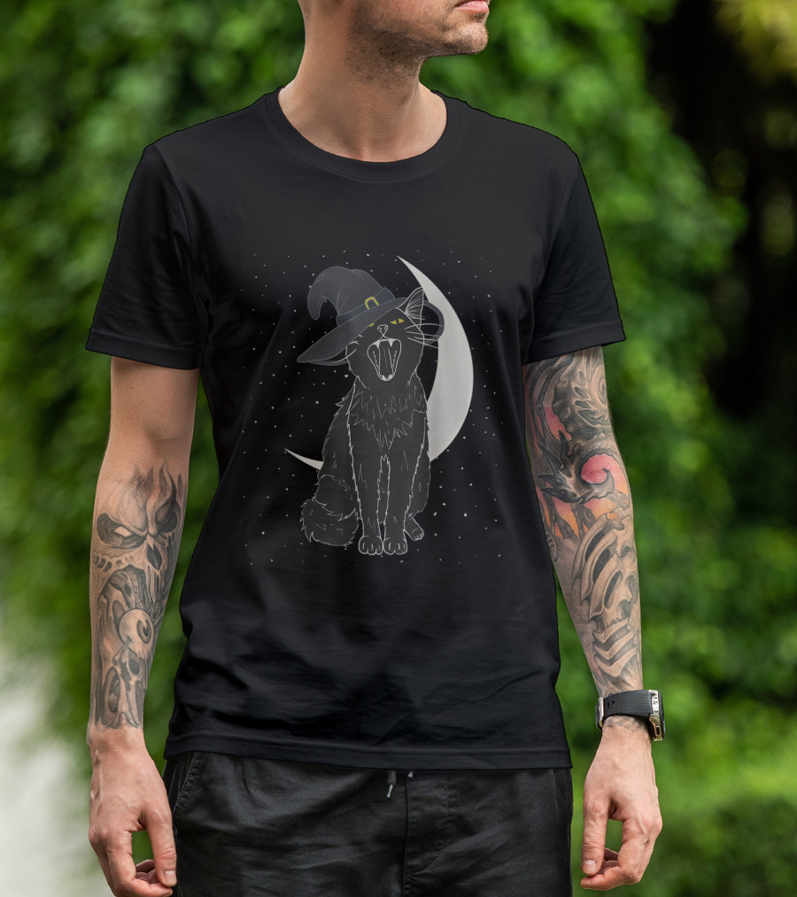 Vintage Scary Black Cat With Witch Hat And Moon Halloween Costume T-Shirt