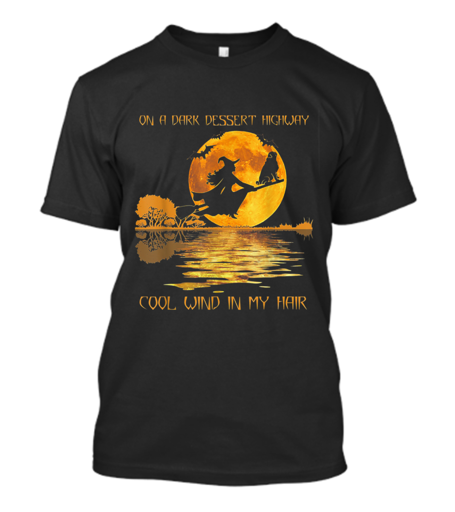 Dark Desert Highway Witch With Cool Wind In Her Hair Under Moonlit Sky T-Shirt