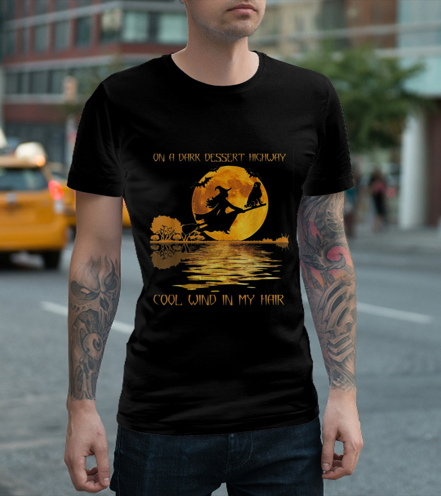 Dark Desert Highway Witch With Cool Wind In Her Hair Under Moonlit Sky T-Shirt