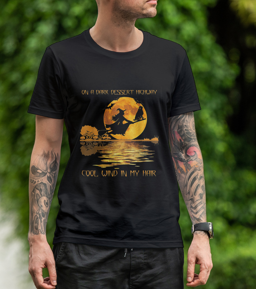 Dark Desert Highway Witch With Cool Wind In Her Hair Under Moonlit Sky T-Shirt