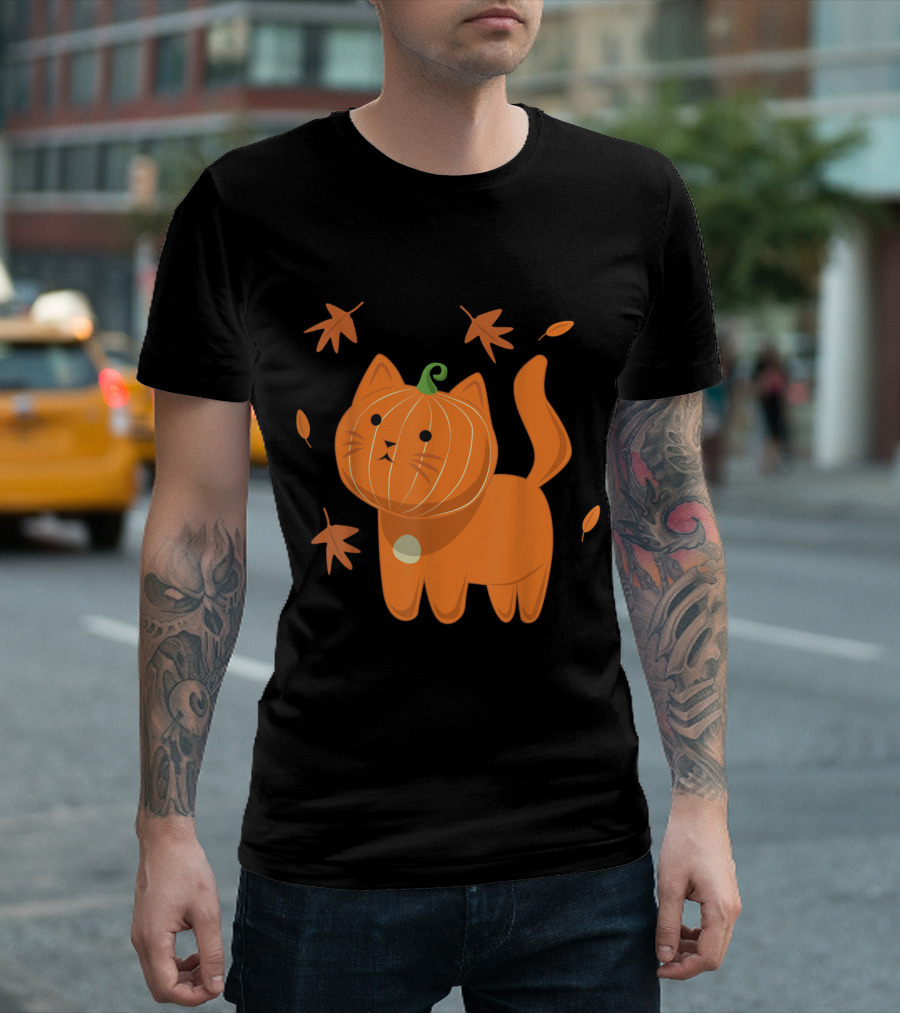 Funny Halloween Cat Pumpkin Jack O Lantern with Fall Leaves T-Shirt