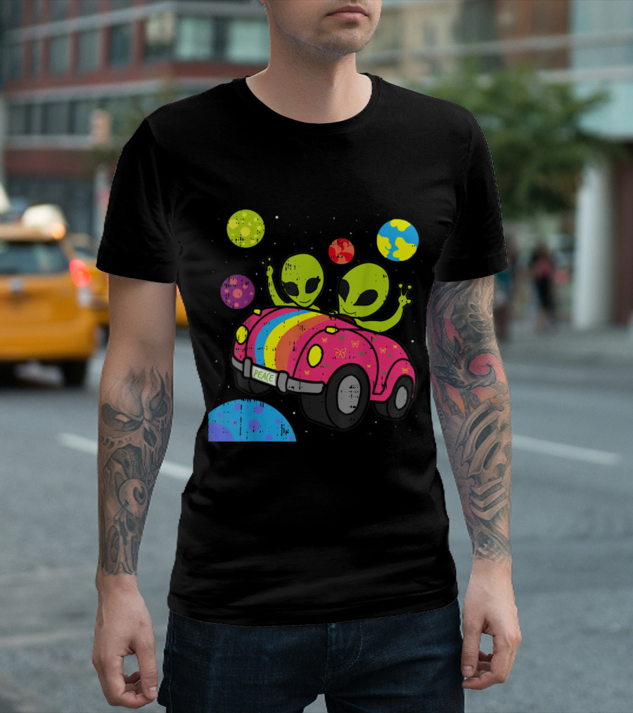 Hippie Alien Peace Roadtrip in Space with Colorful Car and Planets T-Shirt