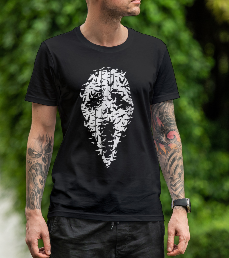 Horror Movie Mask With Vintage Bats Face Illusion T-Shirt