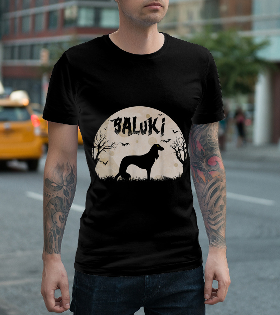 Saluki Halloween Horror Moonlit Silhouette Bats and Trees T-Shirt