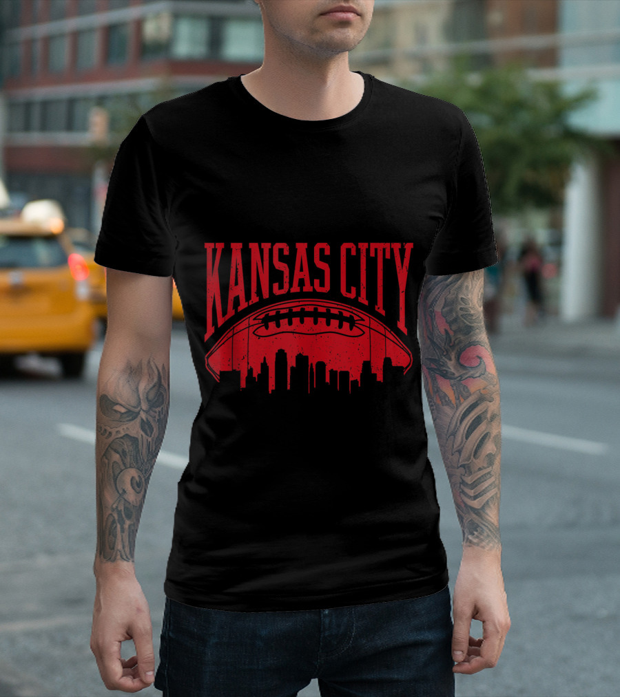 Kansas City Football Vintage KC Skyline Missouri Chief Football Shape T-Shirt