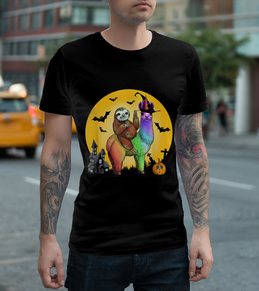 Zombie Sloth Riding Rainbow Llama Unicorn Witch Night with Bats and Haunted House T-Shirt