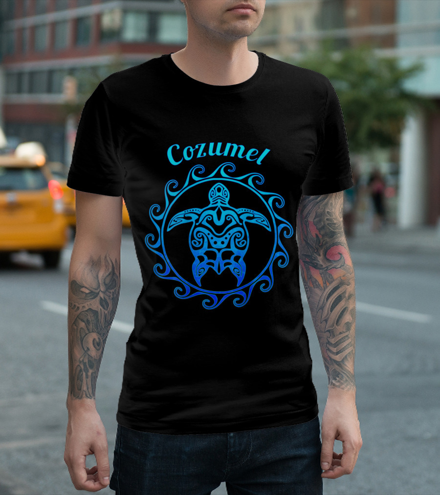 Cozumel Ocean Blue Tribal Turtle Spiral T-Shirt